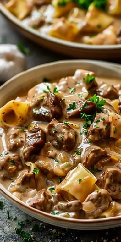 Gordon Ramsay's Beef Stroganoff dish with tender beef and creamy sauce