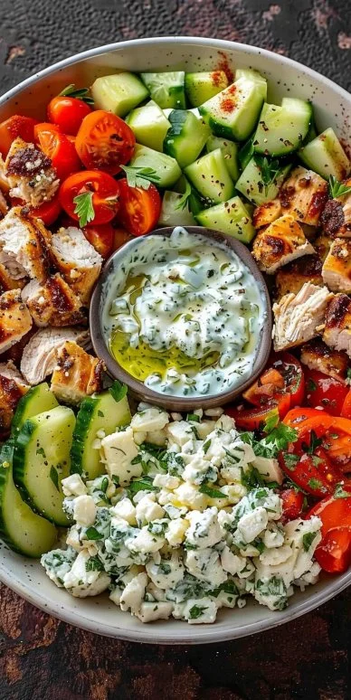 Delicious Greek Chicken Bowls with fresh vegetables and tzatziki sauce
