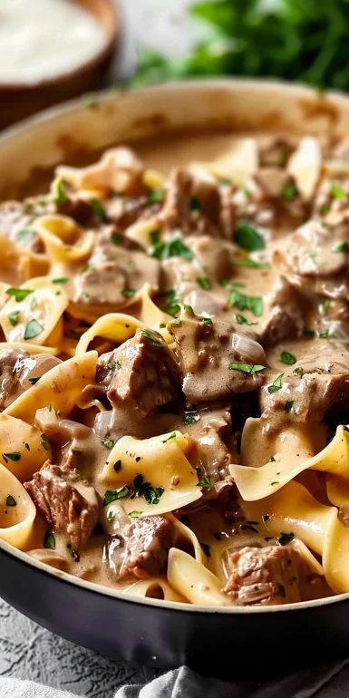 Ground Beef Stroganoff 4 Creamy ground beef stroganoff served over egg noodles