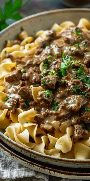 Delicious plate of ground beef stroganoff served with egg noodles
