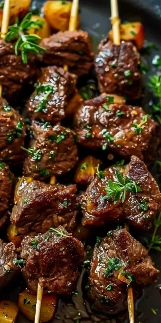 Slow cooker garlic butter beef bites served on a plate with herbs