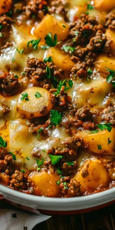Delicious Hobo Casserole with ground beef and vegetables in a baking dish