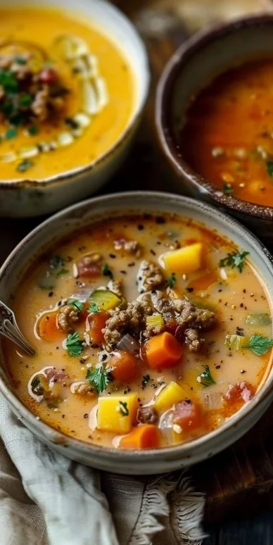 Bowl of homemade soup with fresh vegetables and herbs