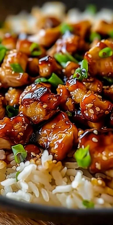 Plate of Honey BBQ Chicken Rice with garnishes