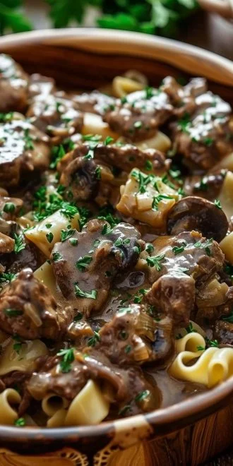 Indulgent Beef Stroganoff Casserole served in a cozy kitchen setting