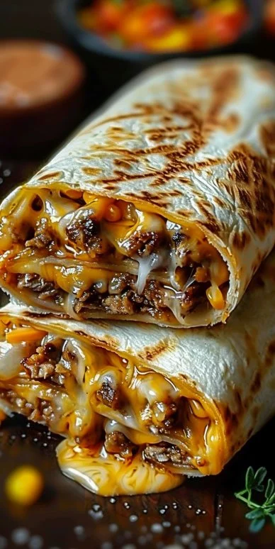 Delicious grilled cheese burrito filled with gooey cheese and savory ingredients