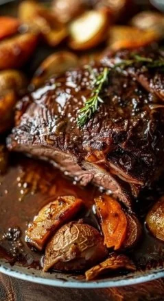 A juicy crockpot beef roast cooked to perfection, served on a plate.