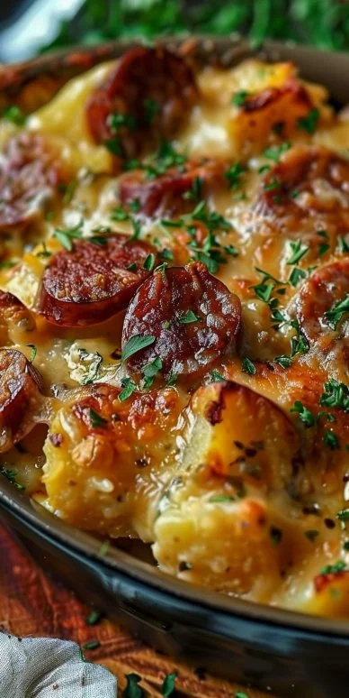 Cheesy potato kielbasa casserole served in a baking dish