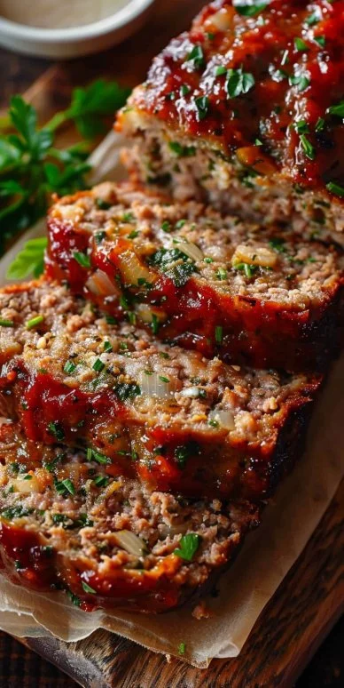 Delicious Garlic Parmesan Meatloaf ready to serve with herbs and garlic garnish.