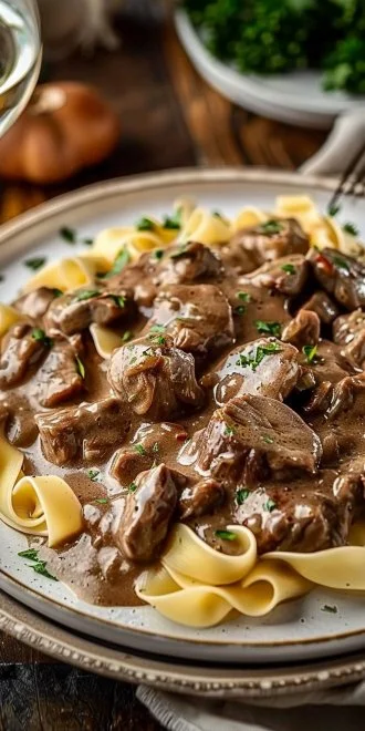 Delicious old fashioned beef stroganoff served with noodles and garnished.
