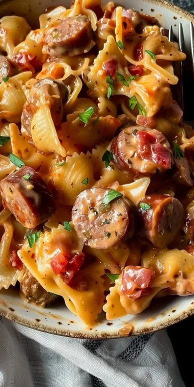 Bowl of One Pot Creamy Cajun Sausage Pasta with colorful ingredients
