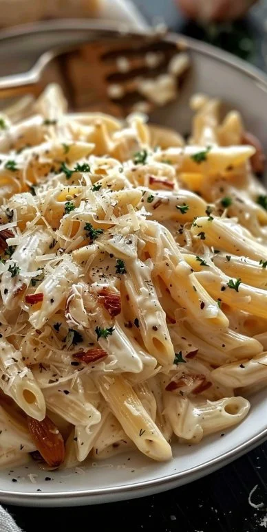Delicious One Pot Creamy Garlic Pasta garnished with herbs and cheese