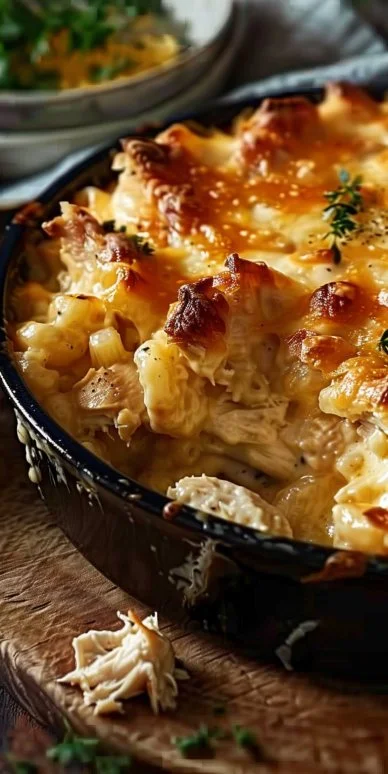 Paula Deen's delicious chicken casserole served on a plate with green garnish.