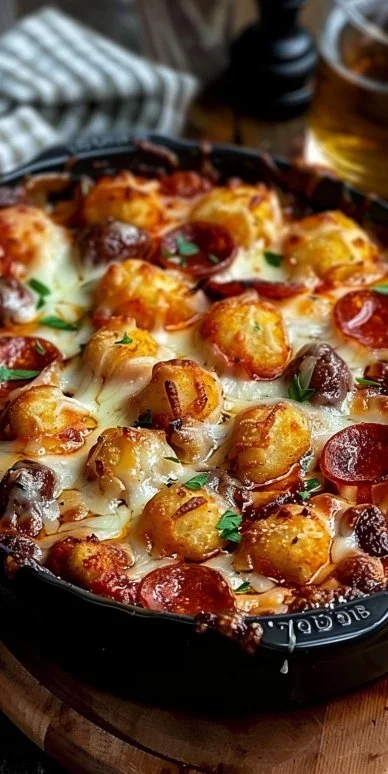 Delicious Pizza Tot Casserole topped with cheese and pepperoni.