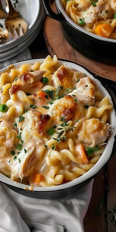 Quick chicken pot pie pasta dish with creamy sauce and vegetables