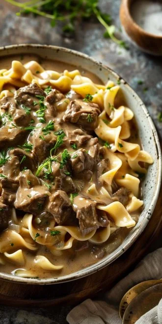 Quick and simple beef stroganoff served in a bowl with fresh herbs