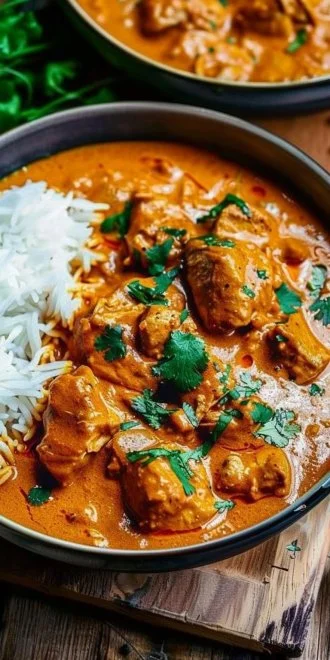 Crockpot butter chicken served with rice and vegetables, a comfort food dish.