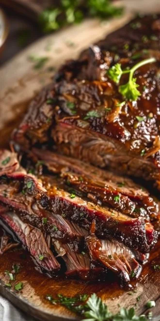 Delicious slow cooked beef brisket ready to serve.