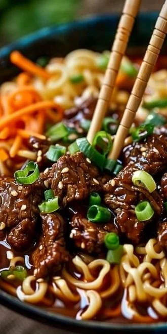 Slow Cooker Beef Ramen Noodles 4 A bowl of slow cooker beef ramen noodles topped with green onions and soft boiled egg.