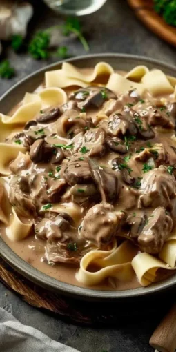 Delicious slow cooker beef stroganoff served with noodles