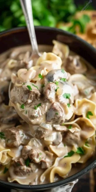 Bowl of Slow Cooker Beef Stroganoff with noodles and creamy sauce