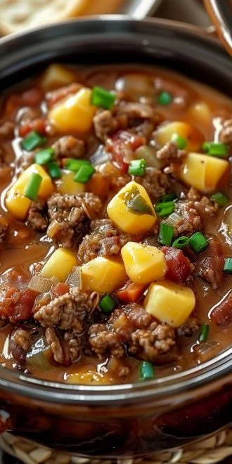 Delicious slow cooker cowboy casserole with ground beef and beans