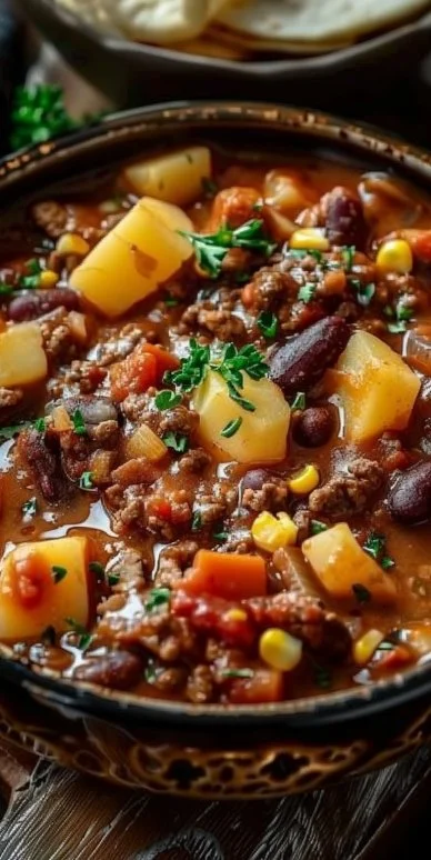 Delicious slow cooker cowboy casserole in a bowl, topped with cheese and herbs.