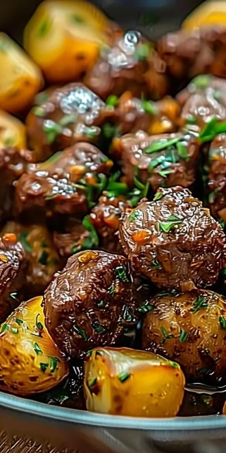 Slow Cooker Garlic Butter Beef Bites & Potatoes