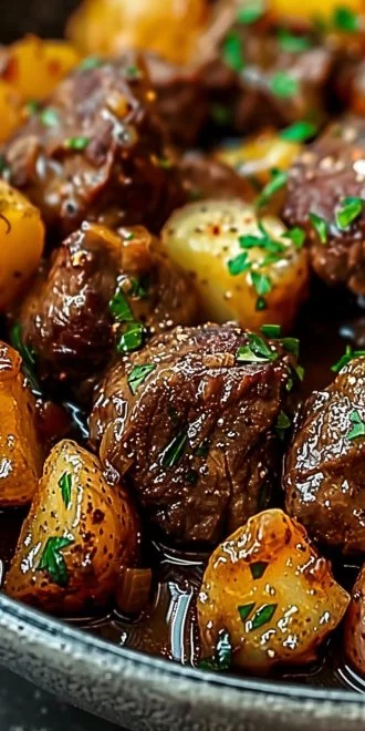 Slow Cooker Garlic Butter Beef Bites & Potatoes