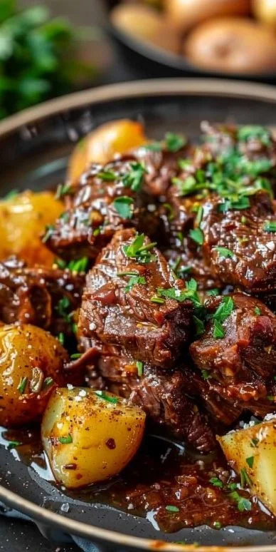 Slow Cooker Garlic Butter Beef with Potatoes 4 Slow cooker garlic butter beef with potatoes served in a rustic bowl