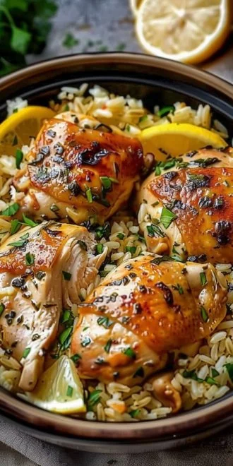 Slow Cooker Lemon Herb Chicken served with rice for a delicious dinner.