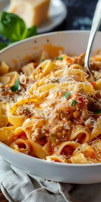 Bowl of Slow Cooker Million Dollar Pasta with cheese and herbs
