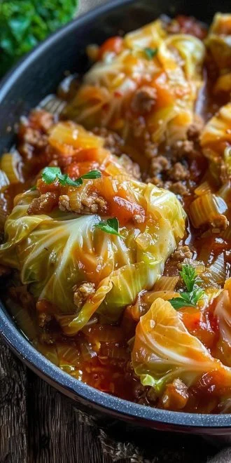 Slow cooker unstuffed cabbage rolls served in a bowl with garnishes.