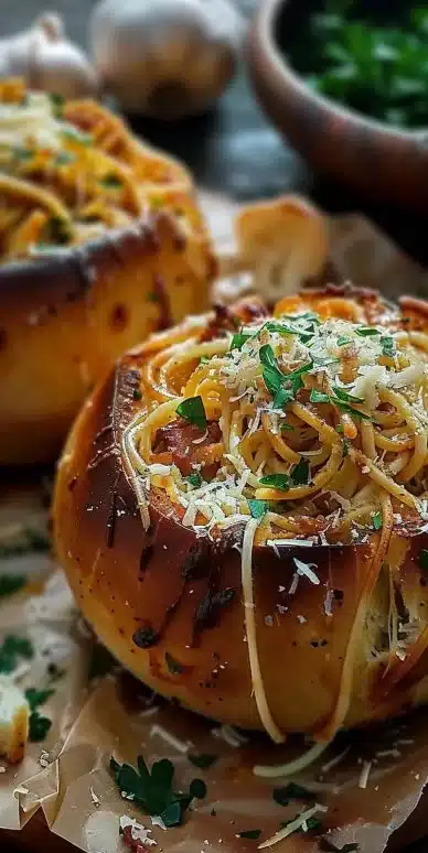 Spaghetti Garlic Bread Bowls