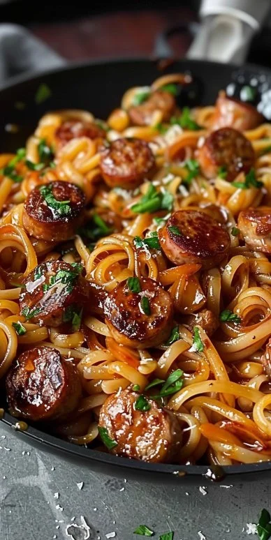 Sticky honey garlic sausage pasta skillet dish served in a pan
