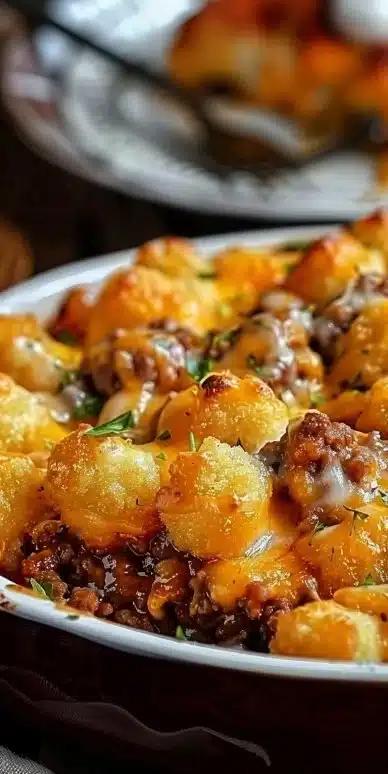 Delicious Tater Tot Casserole topped with golden tater tots and ground beef