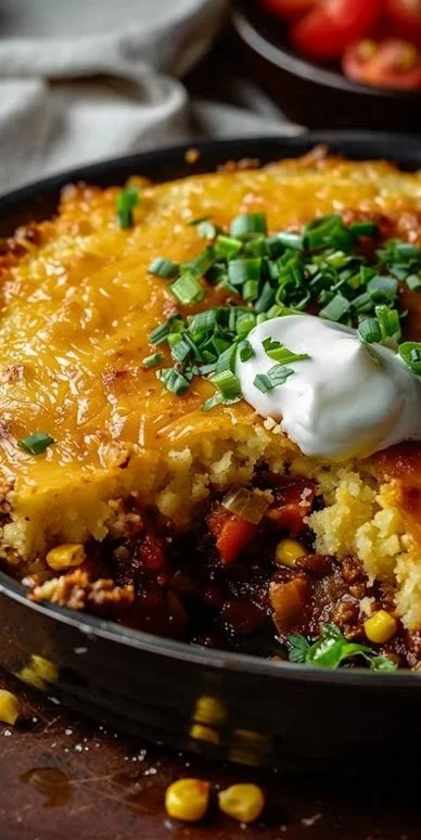 Delicious Texas Tamale Pie served in a rustic dish, showcasing cornbread topping and savory filling.