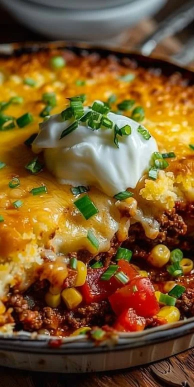 Delicious Texas Tamale Pie served in a rustic dish