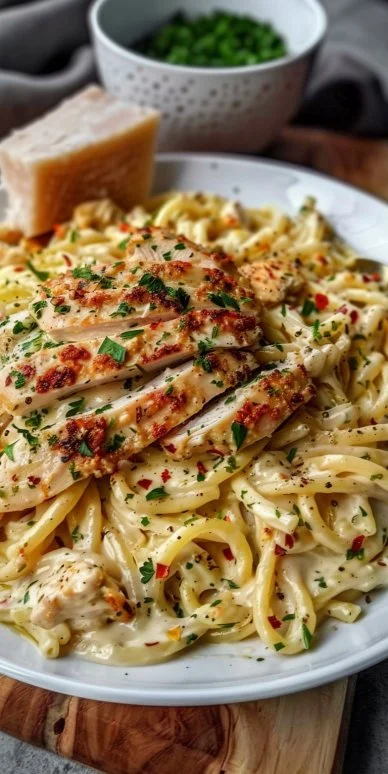Delicious creamy garlic parmesan chicken pasta served in a bowl