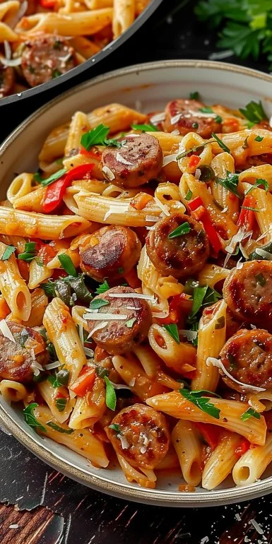 Cajun Sausage Pasta 4 A bowl of Cajun sausage pasta garnished with parsley and spices