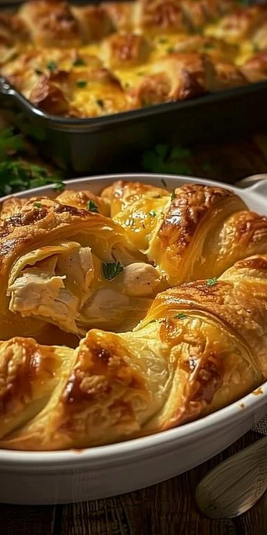 Cheesy chicken crescent bake dish garnished and served in a baking dish