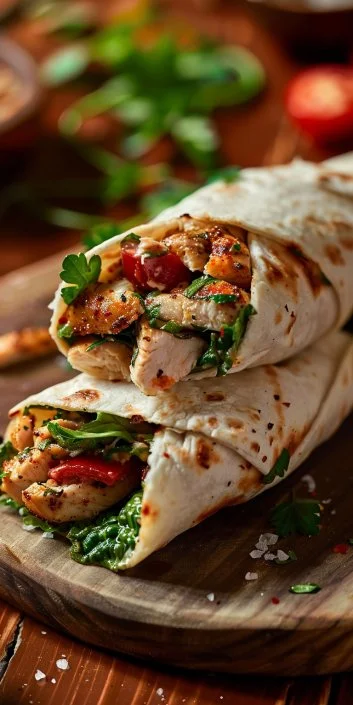 Cheesy Garlic Chicken Wraps 4 Cheesy garlic chicken wraps served on a plate with fresh vegetables.