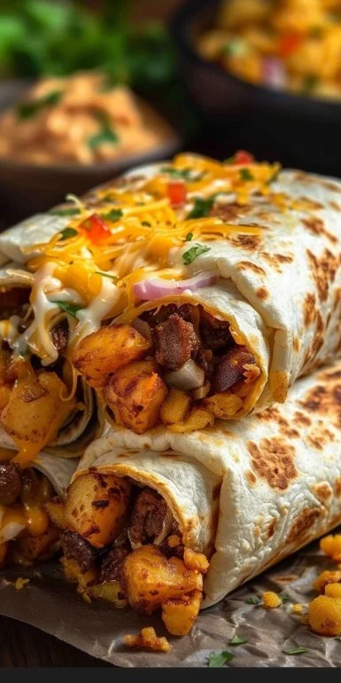 Delicious cheesy potato burritos served with fresh toppings and spices
