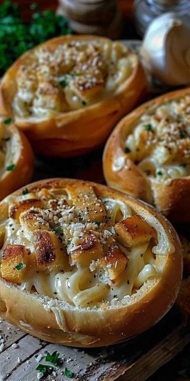 Chicken Alfredo Garlic Bread Bowls