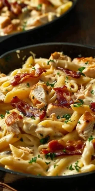 Creamy Chicken Bacon Ranch Pasta served in a bowl garnished with parsley