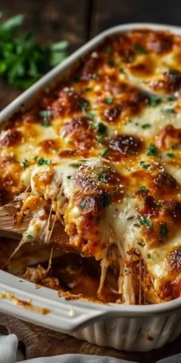 Delicious Chicken Parmesan Casserole topped with melted cheese and basil.