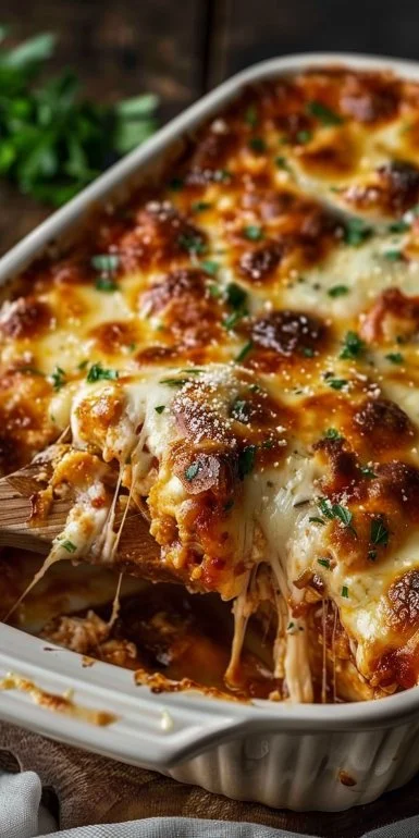 Delicious Chicken Parmesan Casserole topped with melted cheese and basil.