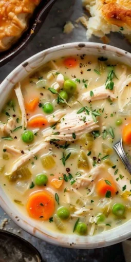 Delicious Chicken Pot Pie Soup in a bowl with vegetables and chicken