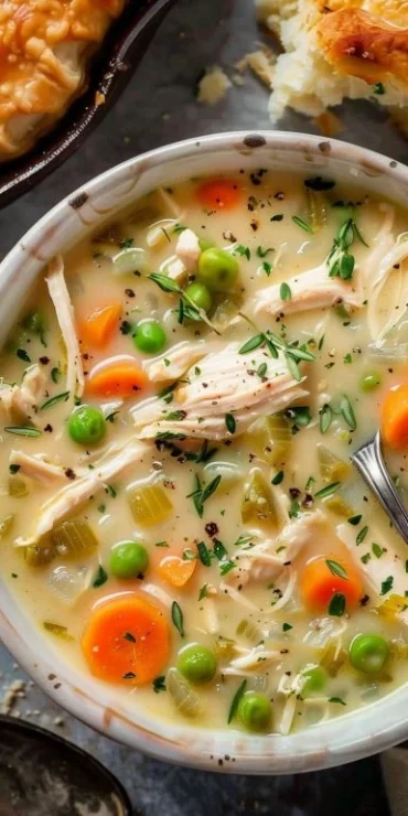 Delicious Chicken Pot Pie Soup in a bowl with vegetables and chicken
