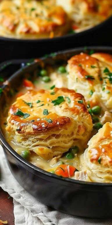 Delicious chicken pot pie with golden biscuits and fresh vegetables